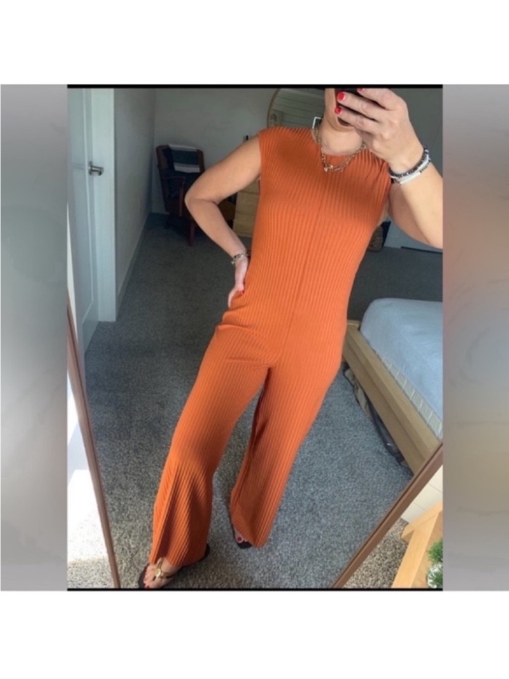 Rust Cinnamon Jumpsuit/Romper Wide leg crew Sz S Fitted Stretchy Rib New
